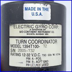 Electric Gyro Corp. Turn Coordinator Model 1394T100-7Z (12/32V) AS IS PARTS ONLY