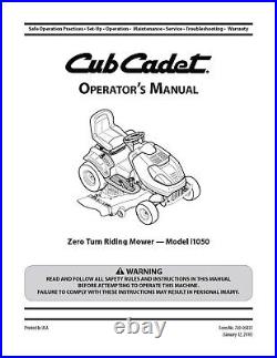 Maintenance & Parts Manuals Fits Cub Cadet i1050 Model No. I1050