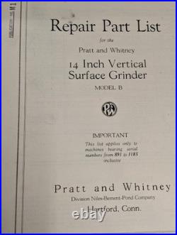 Pratt Whiteney 14 Grinder Model B Service Repair Parts List Manual Book Catalog
